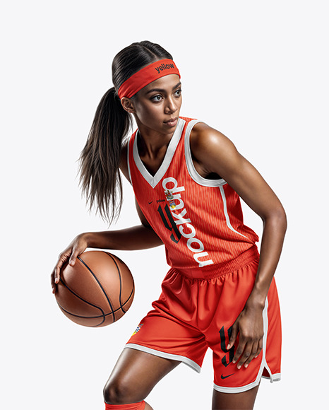 Black Woman Wearing a V-Neck Basketball Jersey and Shorts Mockup