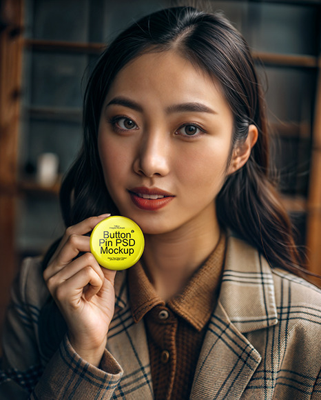 Asian Woman Holding a Button Pin Mockup