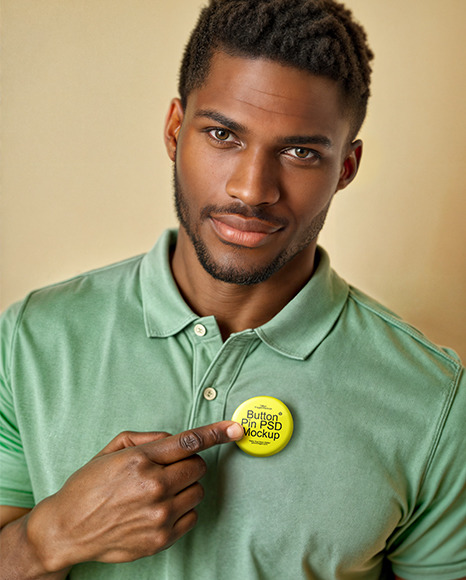 Black Man Pointing Finger at Button Pin Mockup