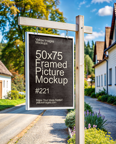 Wooden Framed Sign on a Village Street Mockup