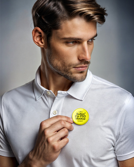 Man Wearing Polo Shirt with Button Pin Mockup