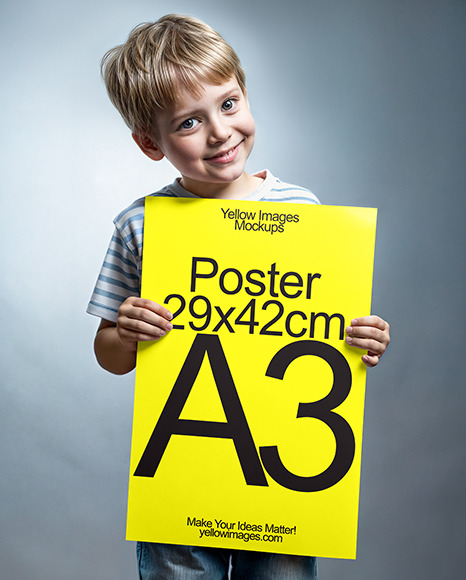Smiling Kid Holding Paper Poster Mockup