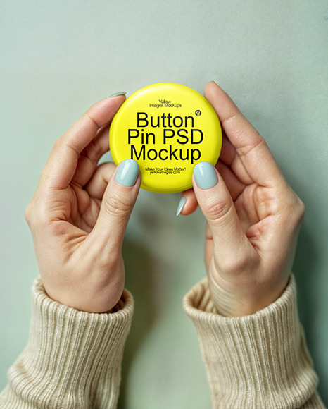 Two Female Hands Holding a Pin-Back Button Mockup