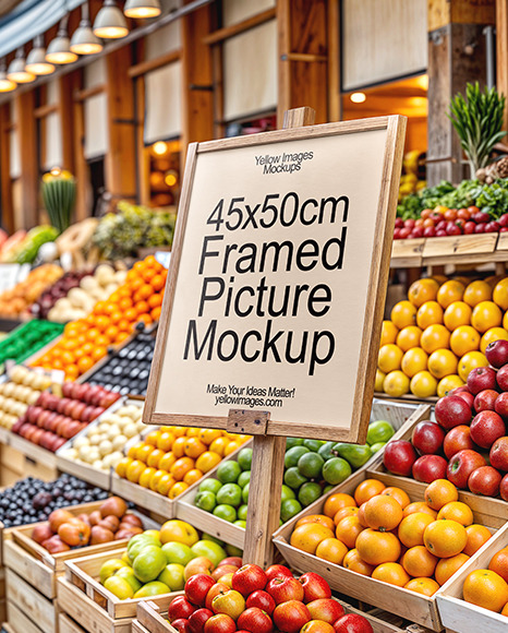 Wooden Framed Picture in a Farmers Market Counter with Fruits Mockup
