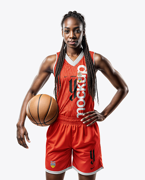 Black Woman with Braids Wearing a V-Neck Basketball Jersey and Shorts Mockup