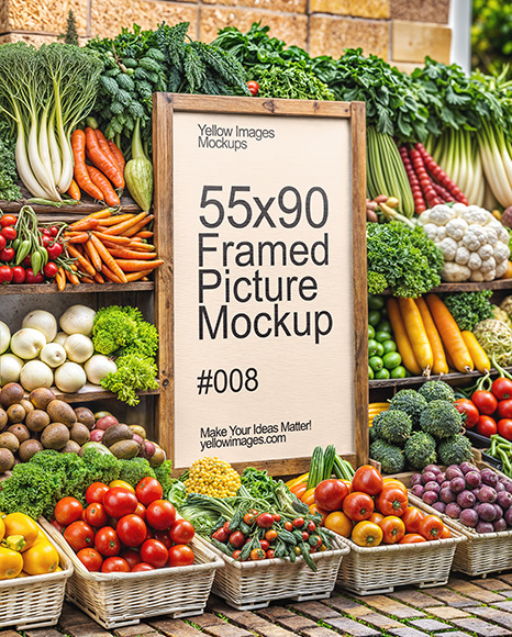 Wooden Framed Picture in a Farmers Market Counter with Vegetables Mockup