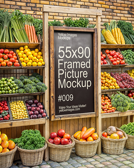 Wooden Framed Picture in a Farmers Market Counter with Vegetables on Shelves Mockup