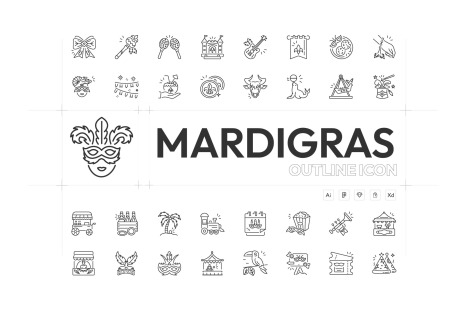 Mardi Gras Linear Icons Set