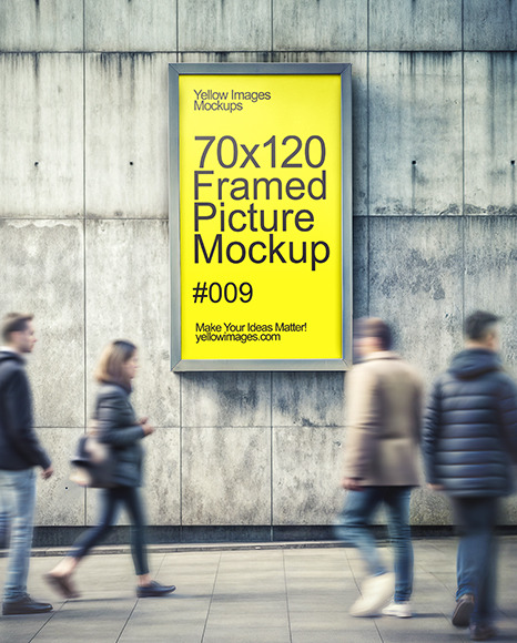 People Walking by Framed Poster on Concrete Wall Mockup