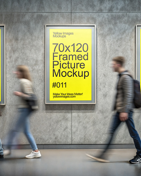 People Walking by Three Posters on Concrete Wall Mockup