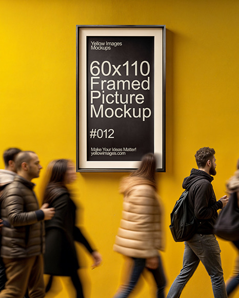 People Walking by Framed Poster on Yellow Wall Mockup
