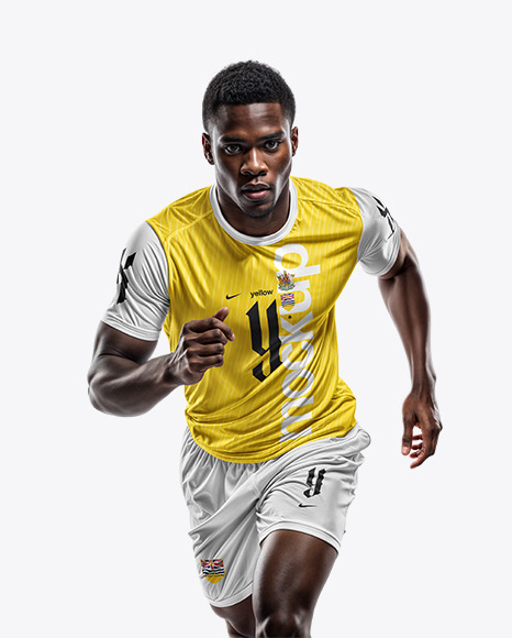 A Black Man Wearing Crew Neck Soccer Jersey and Shorts Mockup