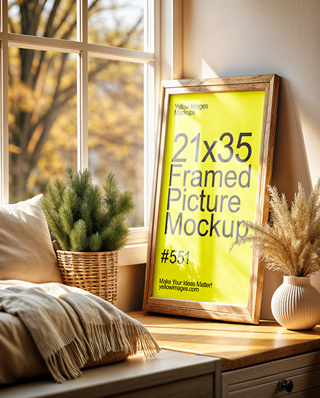 Wooden Framed Picture on a Windowsill in Cozy Interior Mockup