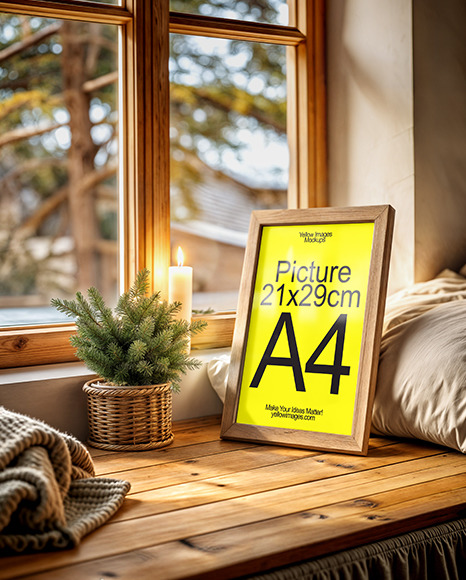 Wooden Framed Picture on Windowsill with Candle Mockup