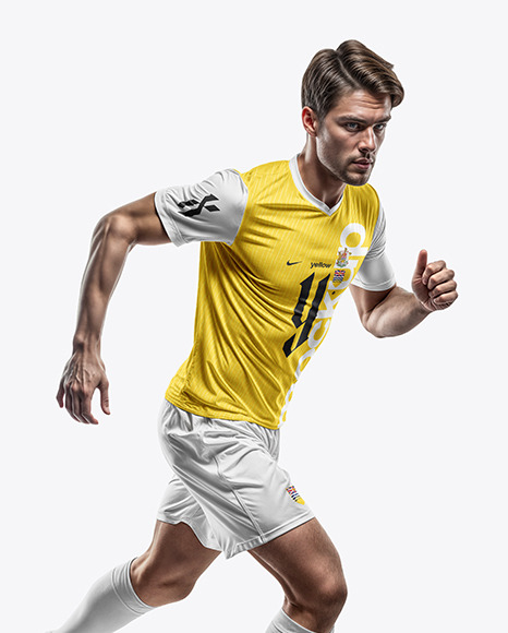 A Running Soccer Player Wearing a V-Neck Jersey and Shorts Mockup