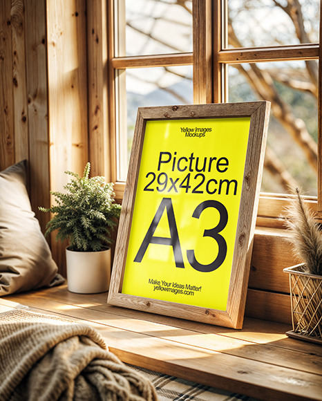 Wooden Framed Picture on a Wooden Windowsill Mockup
