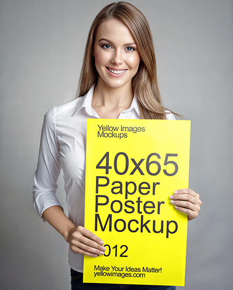Smiling Woman in a Shirt Holding Paper Poster Mock