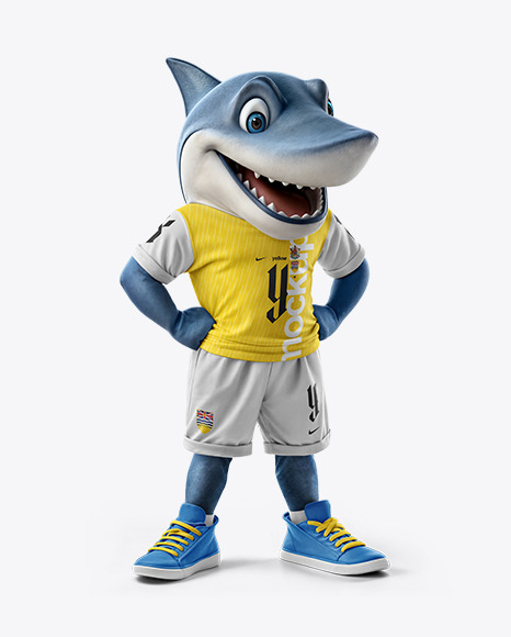 Sports Mascot Shark Wearing a Jersey and Shorts Mockup