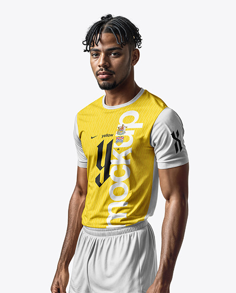 A Man with Braids Wearing a Crew Neck Soccer Jersey and Shorts Mockup