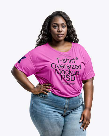 Black Woman Wearing a Plus Size T-Shirt and Jeans Mockup