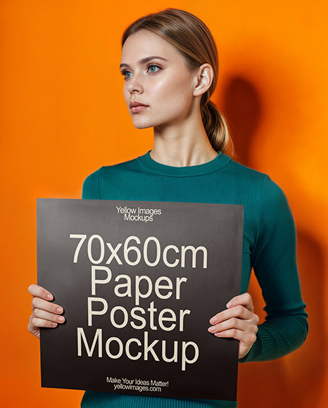 Woman in a Sweater Holding Paper Poster Mockup