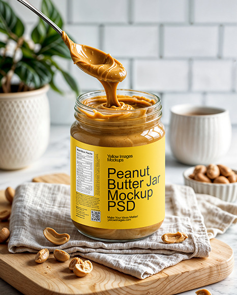 A Jar with Creamy Peanut Butter on a Wooden Cutting Board Mockup