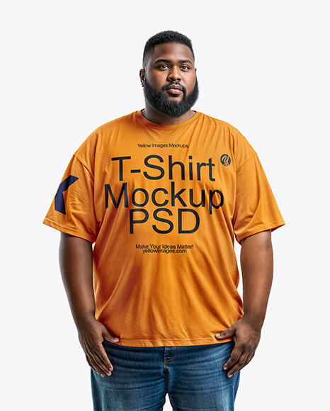 Bearded Man Wearing a Plus Size T-Shirt and Jeans Mockup