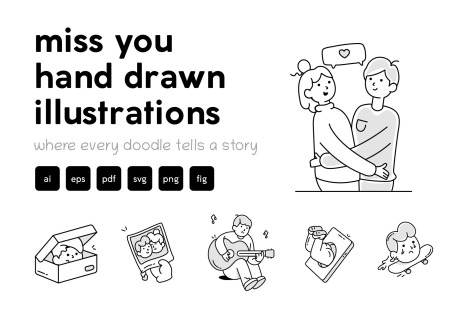 Miss You Doodle Icons Set