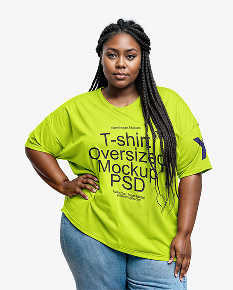 Black Woman with Braids Wearing a Plus Size T-Shirt and Jeans Mockup