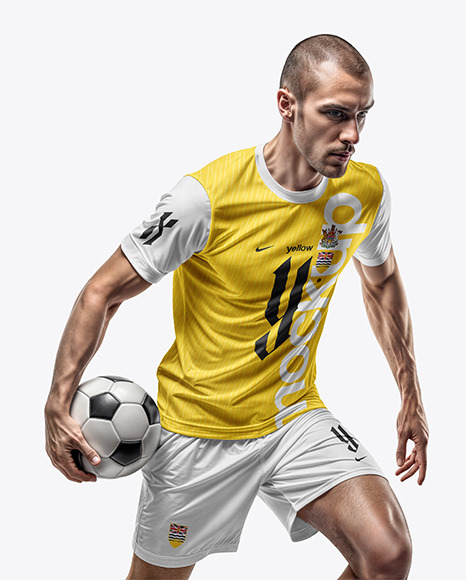 A Man Wearing a Crew Neck Soccer Jersey and Shorts Mockup