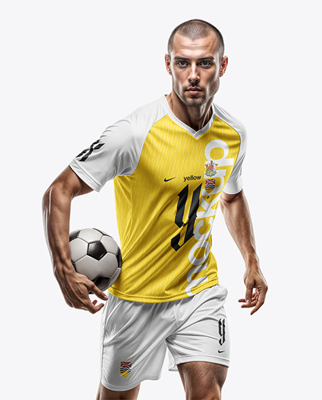 Soccer Player with a Ball Wearing a Raglan Jersey and Shorts Mockup