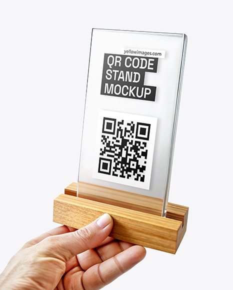Transparent Acrylic QR Code Scan Stand with Wooden Base Mockup