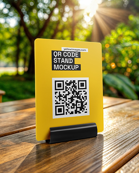 Plastic QR Code Scan Stand on a Wooden Table Mockup