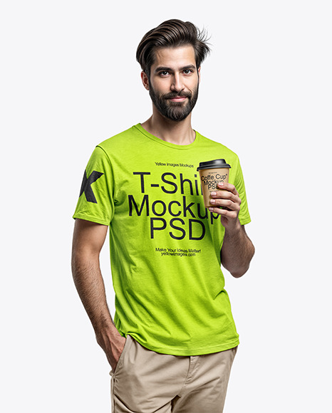 Bearded Man with a Coffee Cup Wearing a T-Shirt and Pants Mockup