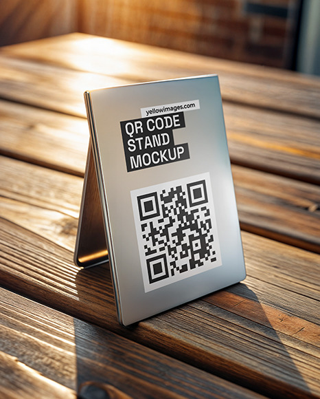 Metallized QR Code Scan Stand on a Wooden Table Mockup