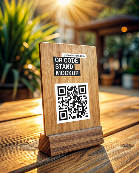 Wooden QR Code Scan Stand on a Table Mockup