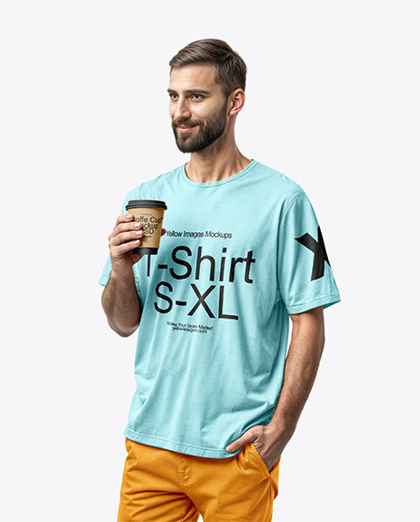 Bearded Man with a Coffee Cup Wearing a Regular Fit T-Shirt and Pants Mockup