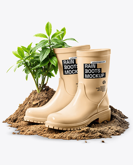 Rain Boots on a Soil with Plants Mockup