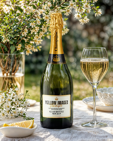 Green Glass Champagne Bottle on a Tablecloth Mockup