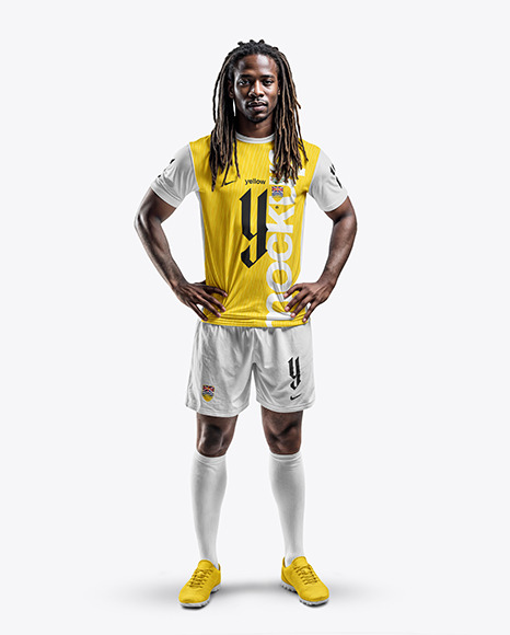 A Black Man with Dreadlocks Wearing a Full Soccer Kit Mockup