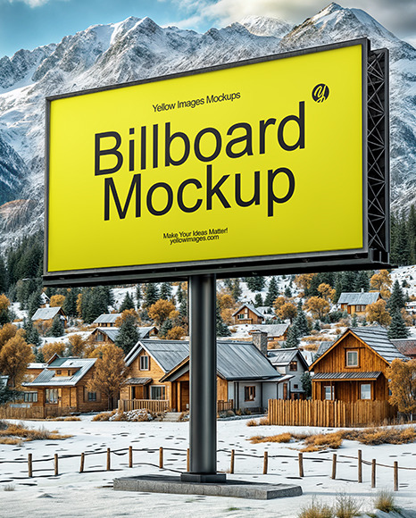 Billboard with Mountain Village in the Background Mockup