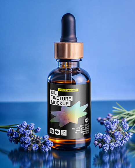 Oil Tincture Dropper Bottle with Flowers and Violet Background Mockup