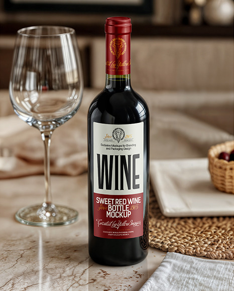 Red Wine Bottle on a Dining Table Mockup