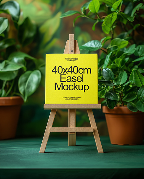 Wooden Easel with Canvas and Green Plants on Background Mockup