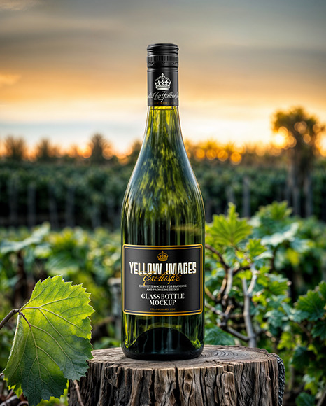 White Wine Bottle on a Tree Stump Mockup