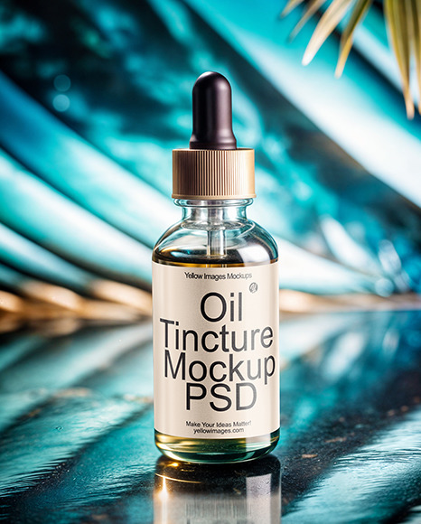 Oil Tincture Dropper Bottle with Palm Leaves on Background Mockup