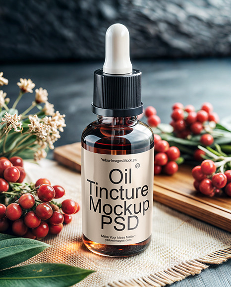 Amber Oil Tincture Bottle Surrounded By Berries Mockup