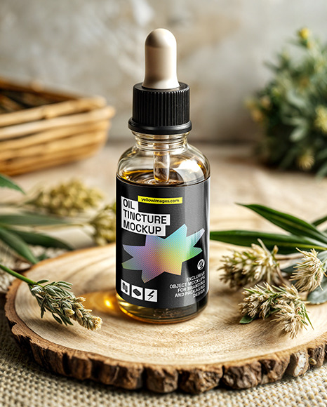 Oil Tincture Dropper Bottle on a Wooden Plate Mockup