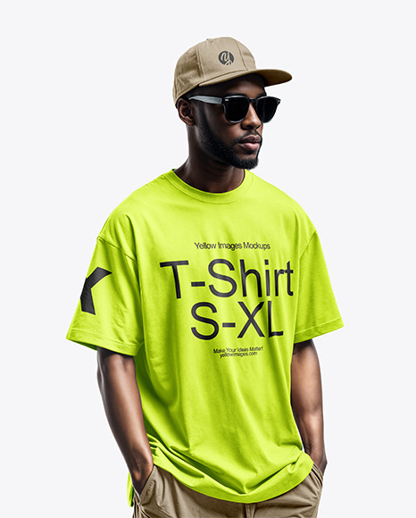 A Bearded Black Man in Sunglasses Wearing a T-Shirt and Baseball Cap Mockup