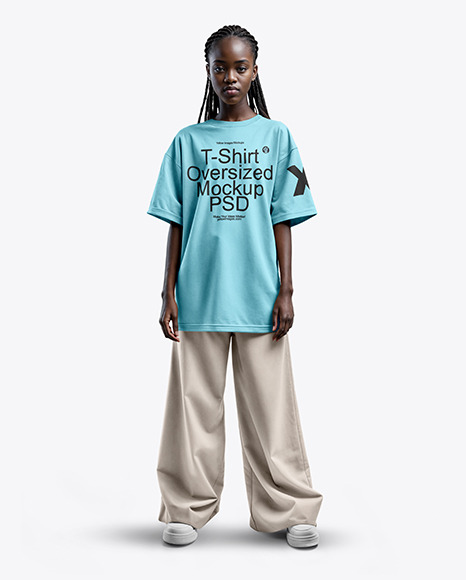 Black Girl with Braids Wearing an Oversize T-Shirt and Flare Pants Mockup